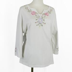 BFA Classics Women’s Embroidered Floral Top White Cotton Long Sleeve XL Petite
